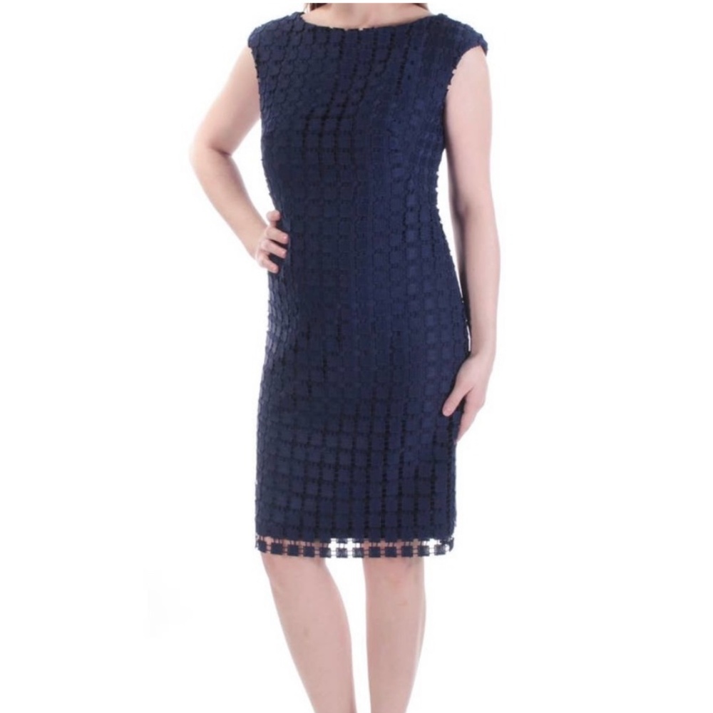 Lauren Ralph Lauren Geometric Square Lace Sheath Dress Navy 4 Office Cocktail